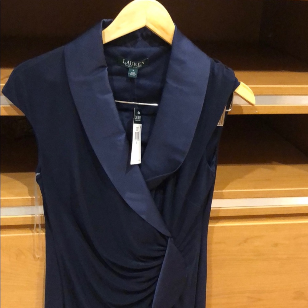 Navy blue, jersey and satin dress, sz6